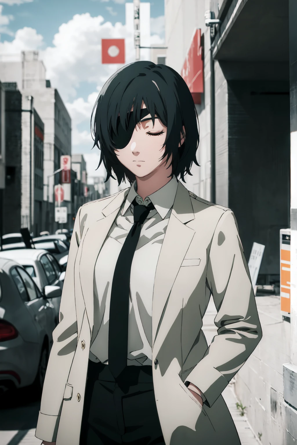 (extremely detailed CG unity 8k wallpaper),(masterpiece),(best quality),(ultra-detailed),(best illustration),(best shadow),(absurdres), <lora:himeno-20:0.7>,himeno, 1girl, eyepatch, cigarette, necktie, smoking, solo, black necktie, black hair, formal, shirt, closed eyes, suit, holding cigarette, smoke, white shirt, collared shirt, medium hair, jacket, holding, black jacket, bangs, upper body, business suit, long sleeves, black suit, cloud, sky, short hair, suit jacket, window, shirt tucked in, dress shirt, coat, pants, building, blurry, office lady, blurry background, cityscape, cloudy sky, wind blowing hair,