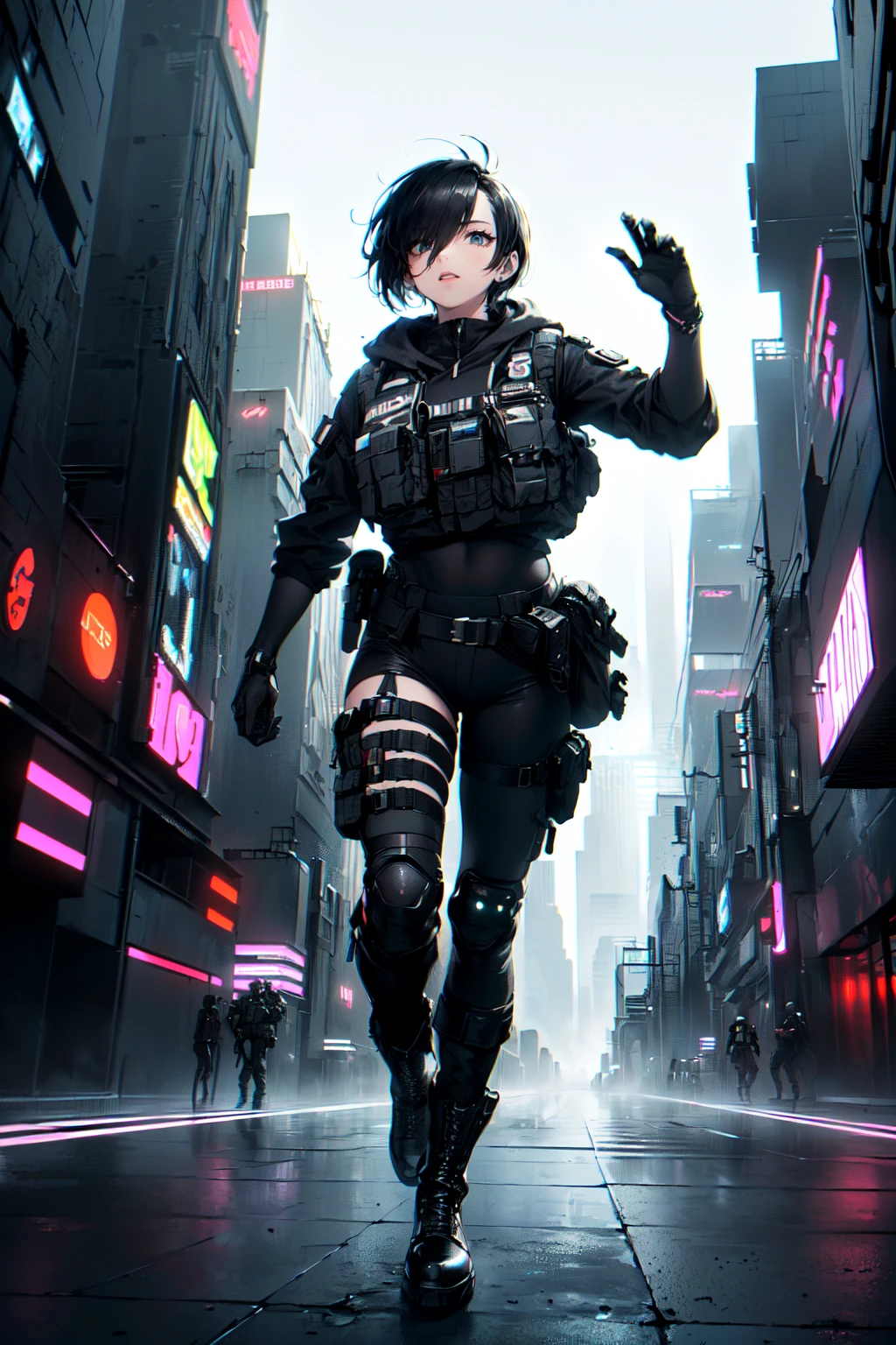(best quality, masterpiece:1.1), full body, (facing up:1.2), (1female), seduced face, black hair, very short hair, spiked hair, (bulletproof vest, bullet pouch on top of the bulletproof vest, combat pants), hoodie, wearing boots, holster on the thigh, black gloves, ( (futuristic city, white architecture:1.2), white theme, sci-fi),