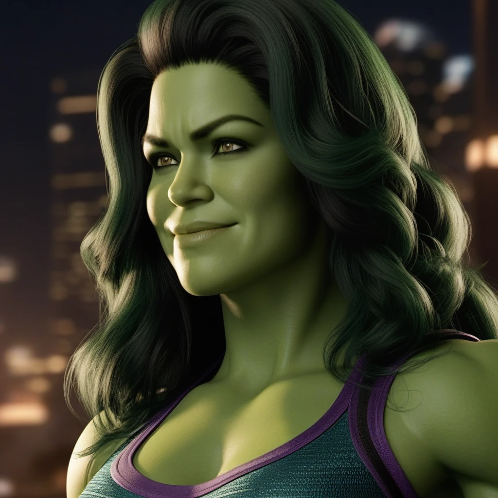 SheHulk1024, sideview close up portrait, profile, happy, smile, cute, highly detailed , ultra sharp, photograph, film, bokeh, professional, 4k, highly detailed   <lora:add-detail-xl:1.5>  <lora:SheHulk1024:0.5>