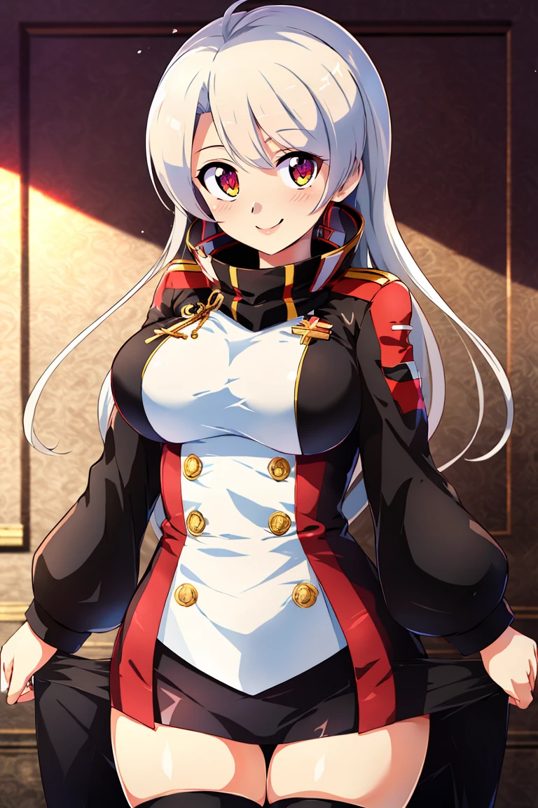 <lora:Konpeto_Style_Dim32:0.8>, , ((masterpiece,best quality)), absurdres, <lora:Prinz_Eugen_Azur_Lane:0.8>, Prinz_Eugen_Azur_Lane,thighhighs, , solo, smiling, looking at viewer, cowboy shot, ,