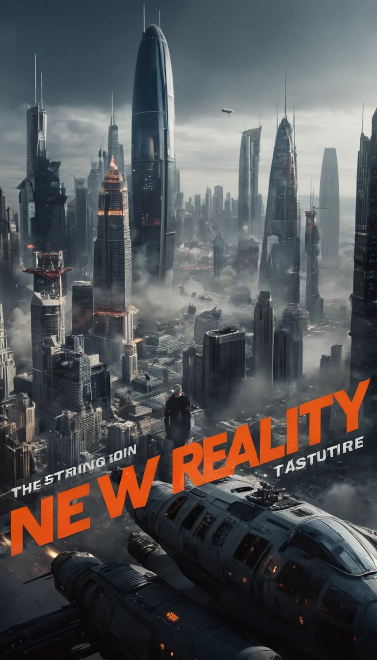 A dynamic movie poster for "NEW REALITY", featuring (striking bold letters:1.3) across the top, cinematic vibrancy, high-contrast color scheme, (futuristic cityscape:1.2) in the background, intriguing blend of modern and sci-fi elements, central characters poised in action, (mysterious aura:1.1), layered visual storytelling, glossy finish, designed for high-impact visual appeal, movie title in (impactful typography:1.2), teaser visuals hinting at plot, digital HD quality, Adobe Photoshop design, theatrical release, encapsulating the essence of a groundbreaking sci-fi adventure,
