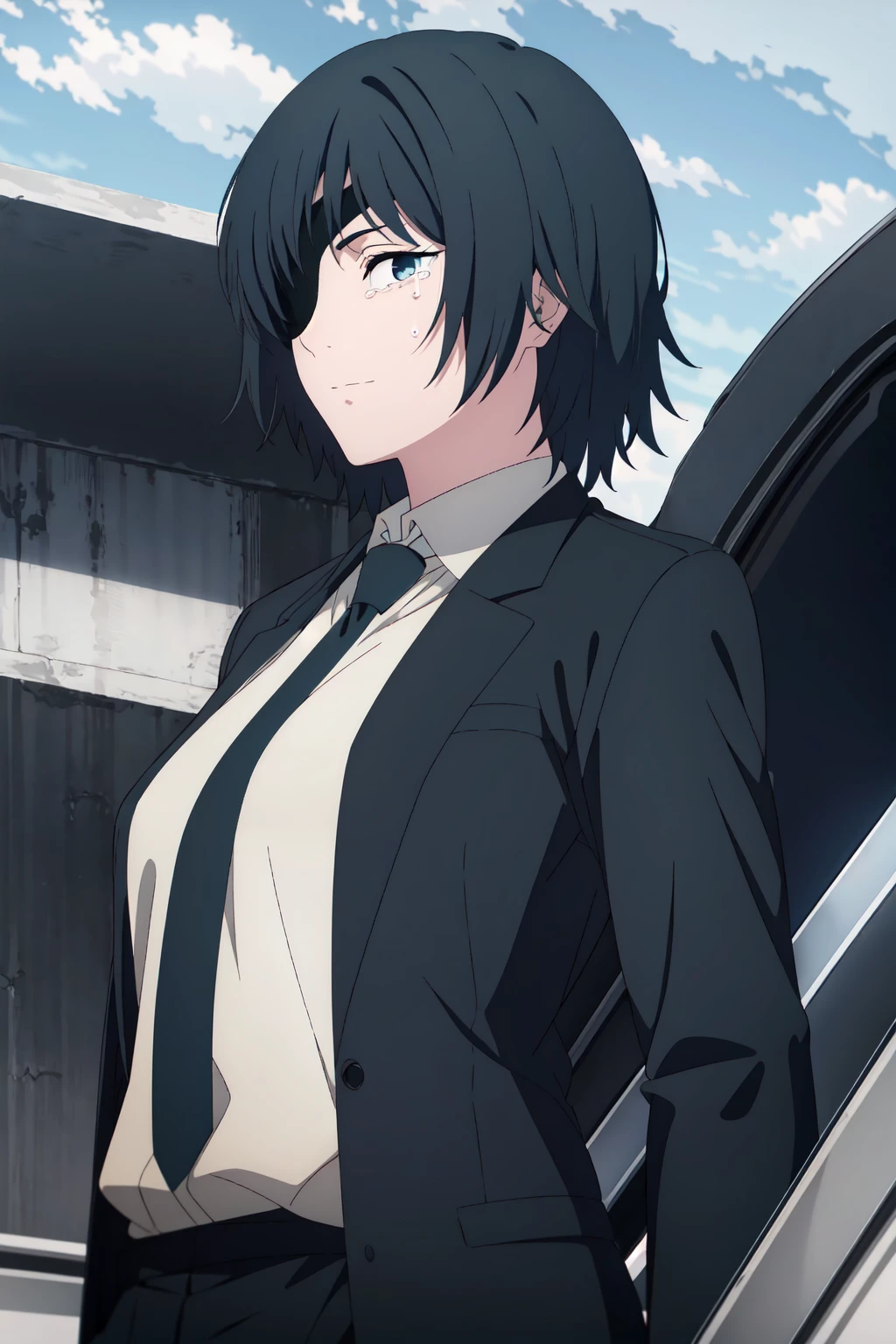 (extremely detailed CG unity 8k wallpaper),(masterpiece),(best quality),(ultra-detailed),(best illustration),(best shadow),(absurdres), <lora:himeno-20:0.8>,himeno, 1girl, eyepatch, necktie, solo, black hair, formal, black necktie, shirt, suit, white shirt, collared shirt, short hair, looking at viewer, jacket, blue eyes, simple background, grey background, black jacket, upper body, bangs, black suit, medium hair, suit jacket, business suit, breasts, closed mouth, tears, medium breasts, expressionless, cloud, shirt tucked in, office lady, cloudy sky, crying, light smile, ringed eyes, pants, dress shirt, weapon, wing collar, crying with eyes open, long sleeves, one eye covered, sky, sad, coat, black pants