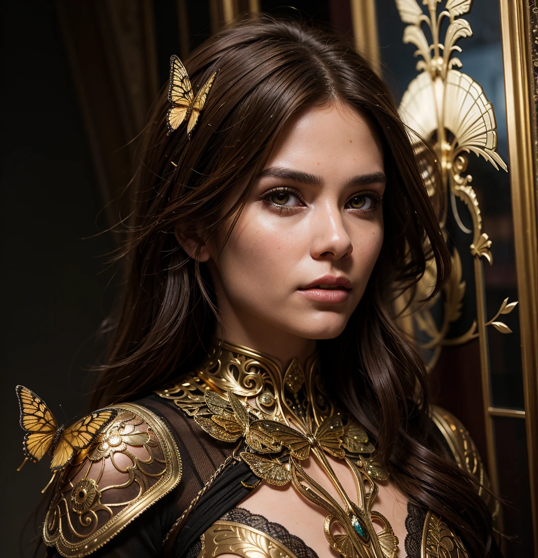 8k portrait of beautiful cyborg with brown hair, intricate, elegant, highly detailed, majestic, digital photography, art by artgerm and ruan jia and greg rutkowski surreal painting gold butterfly filigree, broken glass, (masterpiece, sidelighting, finely detailed beautiful eyes: 1.2), hdr