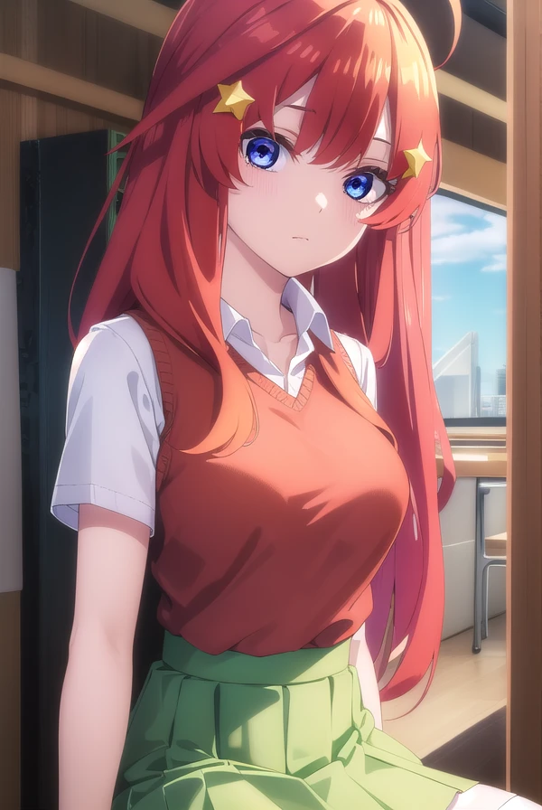 itsukinakano, <lora:itsukinakanospecial-lora-nochekaiser:1>,
itsuki nakano, bangs, blue eyes, hair between eyes, ahoge, red hair, star \(symbol\), hair ornament, star hair ornament,
BREAK skirt, shirt, school uniform, collarbone, white shirt, short sleeves, pleated skirt, socks, collared shirt, miniskirt, kneehighs, white socks, (green skirt:1.5), sweater vest, (red sweater:1.5),
BREAK indoors, classroom,
BREAK looking at viewer, (cowboy shot:1.5),
BREAK <lyco:GoodHands-beta2:1>, (masterpiece:1.2), best quality, high resolution, unity 8k wallpaper, (illustration:0.8), (beautiful detailed eyes:1.6), extremely detailed face, perfect lighting, extremely detailed CG, (perfect hands, perfect anatomy),