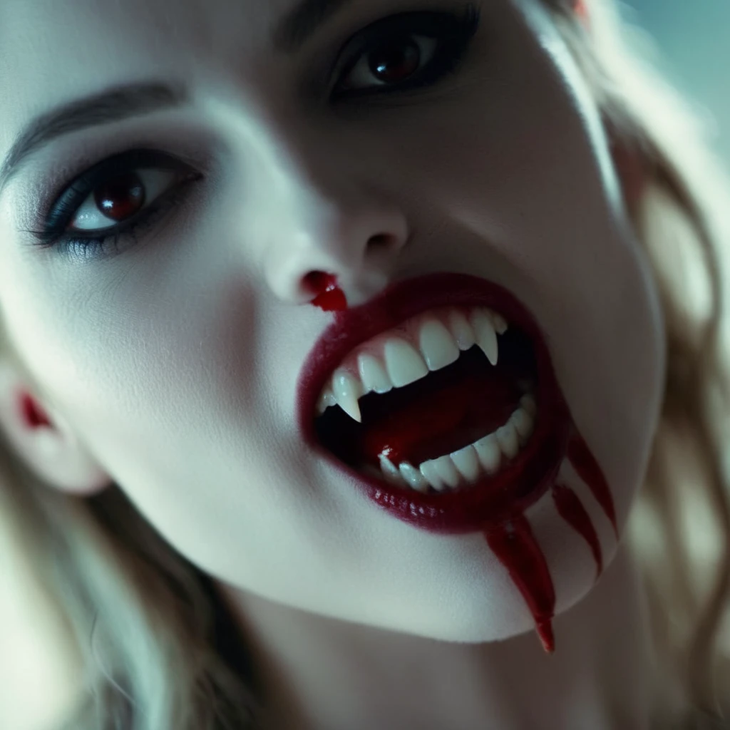 cinematic film still of  <lora:64_vampire fangs teeth:1> Cinematic Film Look
a pale skin vampire woman with a vampire's teeth and a blood stain on her face cinematic vampire fangs teeth, shallow depth of field, vignette, highly detailed, high budget, bokeh, cinemascope, moody, epic, gorgeous, film grain, grainy