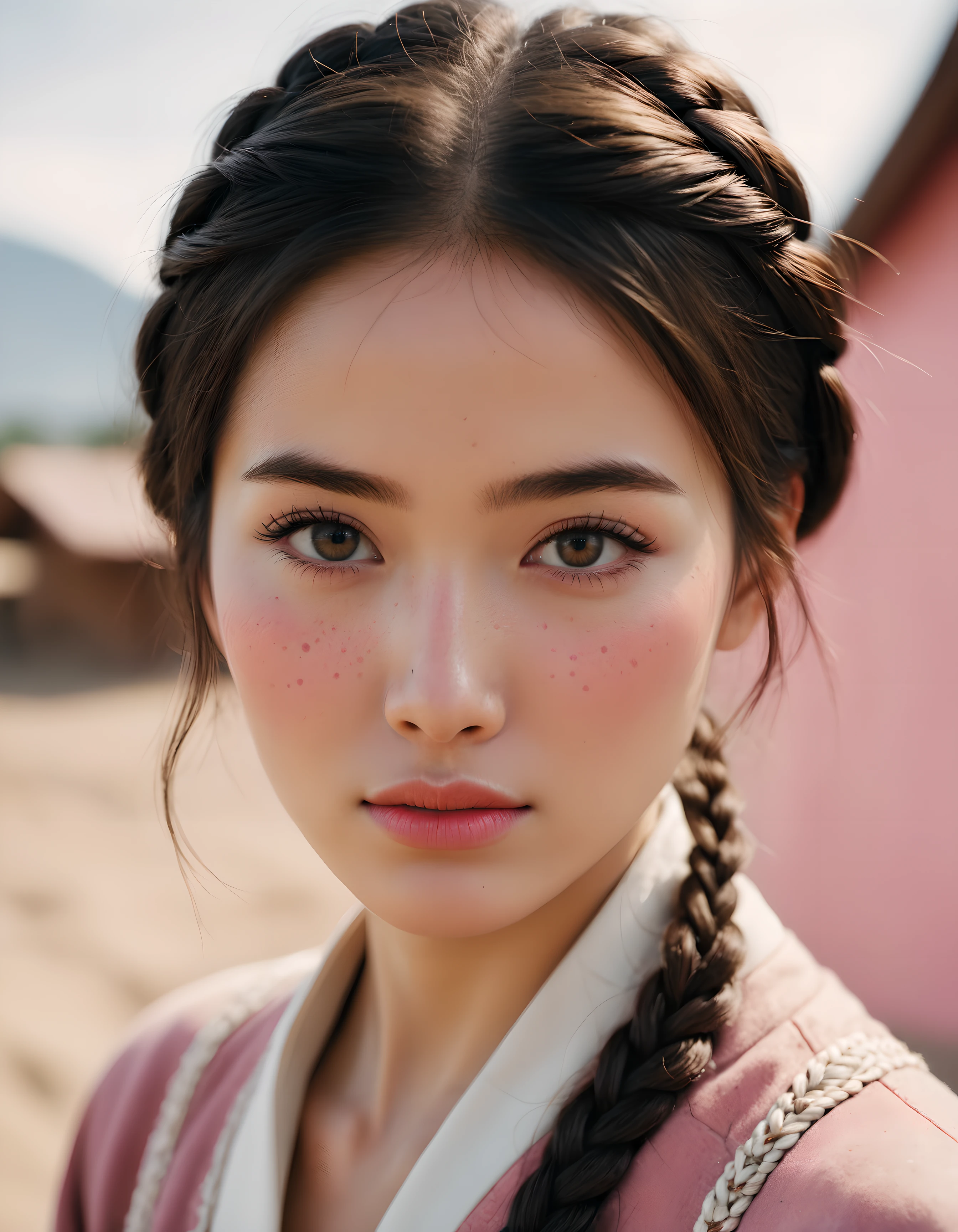 an eye contact of a Kyrgyz woman, grimace, primer, Intricate, cream eyeliner, stain lipstick, odd numbers, Button nose, Freckles, Dutch braid hair cut, pink skin color, soft focus. 8k, highly detailed, detailed skin texture, natural skin texture, detailed cloth texture, perfect eyes, detailed eyes,, (high quality, best quality:1.3), Extremely high-resolution, amateur photo, Fujifilm Superia Premium 400, Nikon D850 film stock photograph Kodak Portra 400 camera f1.6 lens, <lora:add_detail:0.33>