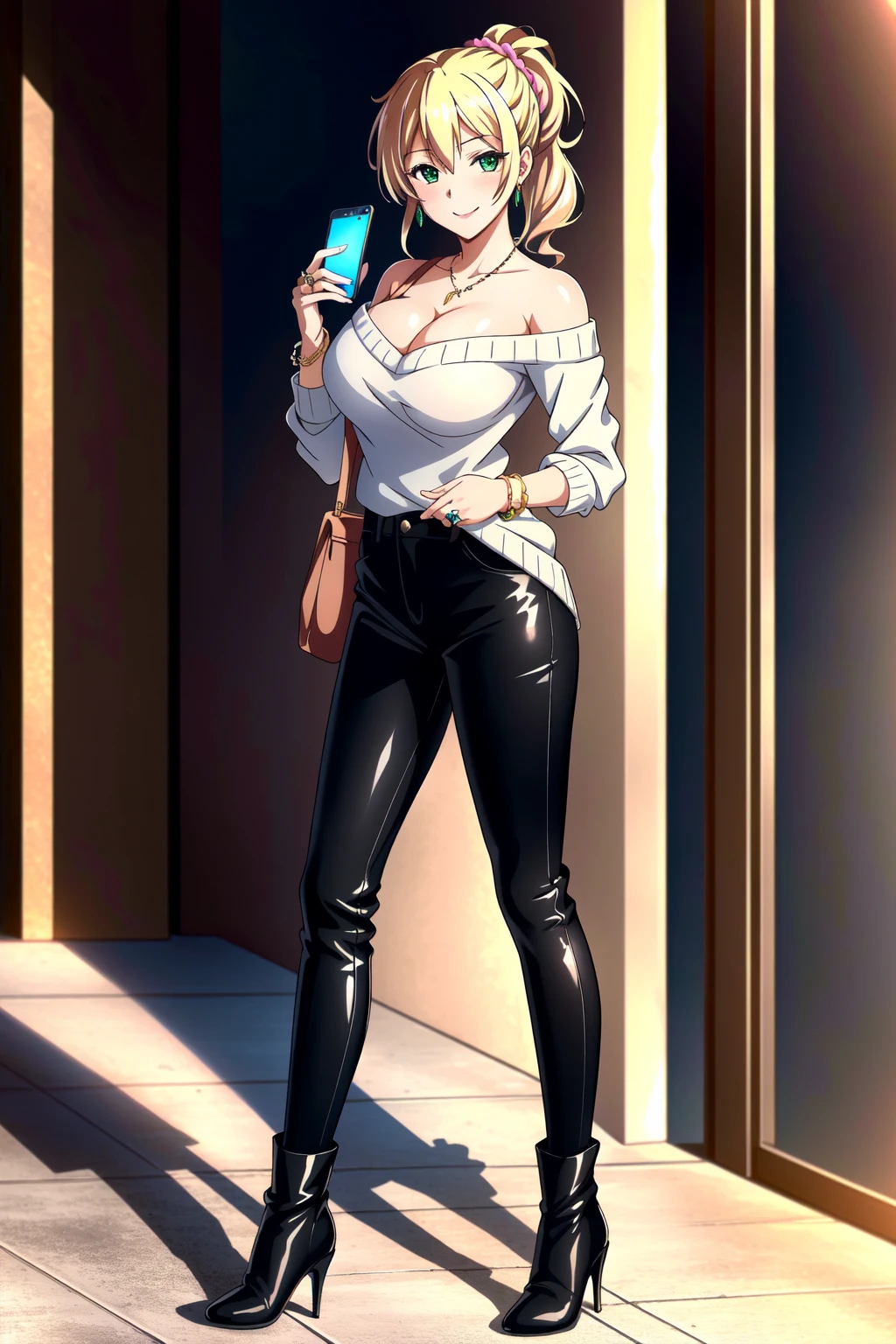 (extremely detailed CG unity 8k wallpaper),(masterpiece),(best quality),(ultra-detailed),(best illustration),(best shadow),(absurdres),(detailed background) <lora:Yukana Yame:0.7> Yukana Yame, 1girl, solo, blonde hair, green eyes, breasts, jewelry, cleavage, phone, cellphone, smartphone, loose socks, boots, high heel boots, knee boots, off-shoulder sweater, off shoulder, black leggings, high heels, black footwear, ring, earrings, long hair, smile, blush, ponytail, looking at viewer, sweater, scrunchie, bracelet, large breasts, shirt, standing