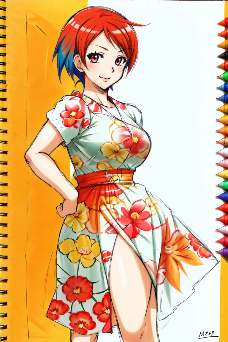 Color manga drawing, from front, full body, WhitDel, undercut hairstyle, summer dress, Okinawa, highly detailed, sketchbook, colored with markers, heavy inks, smiling, cute, sexy <lora:WhitDel:0.9>