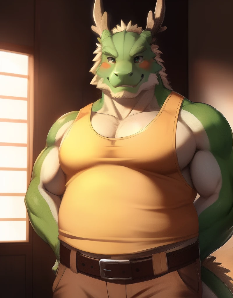 (((detailed eyes, detailed face))), (bara, tappei <lora:character_tappei_findigo_v2:0.9>, facial hair, antlers), male, (plump, fat, chubby, overweight), (khaki tank top, brown pants, belt), standing, arms behind back, smile BREAK (konzaburou, ukan_muri, cute), bedroom, (soft shading), 8k, UHD, masterpiece