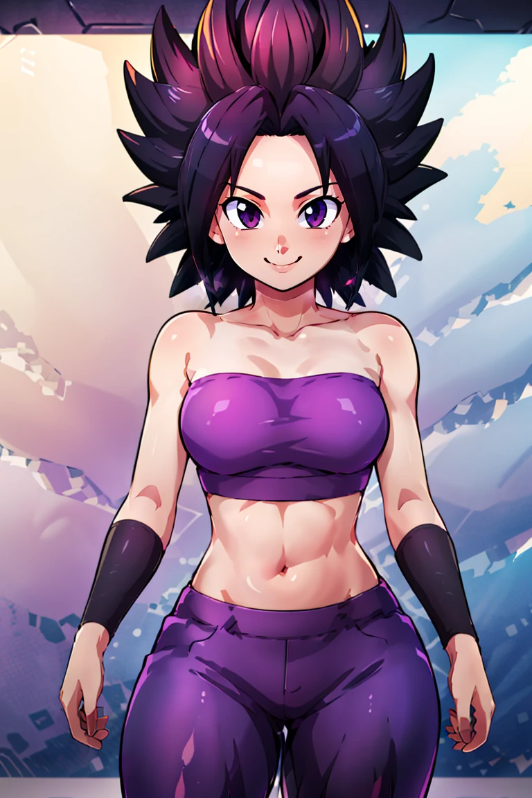 (masterpiece), (best quality), solo
detailed eyes,facing viewer, smile,blush,
1girl,
caulifla ,black hair, black eyes,pink tube top, strapless, purple baggy pants, grey bracers, grey boots,
<lora:cauliflaDragonBallSuper_v10:0.8>