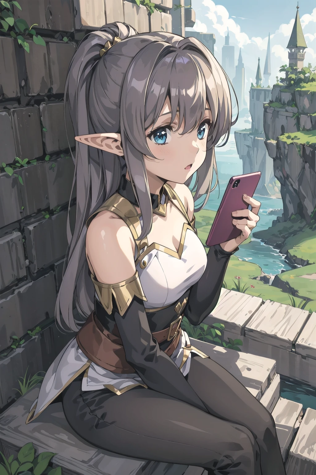 anime,1girl, an elf girl looking at smartphone, fantasy background, outdoor