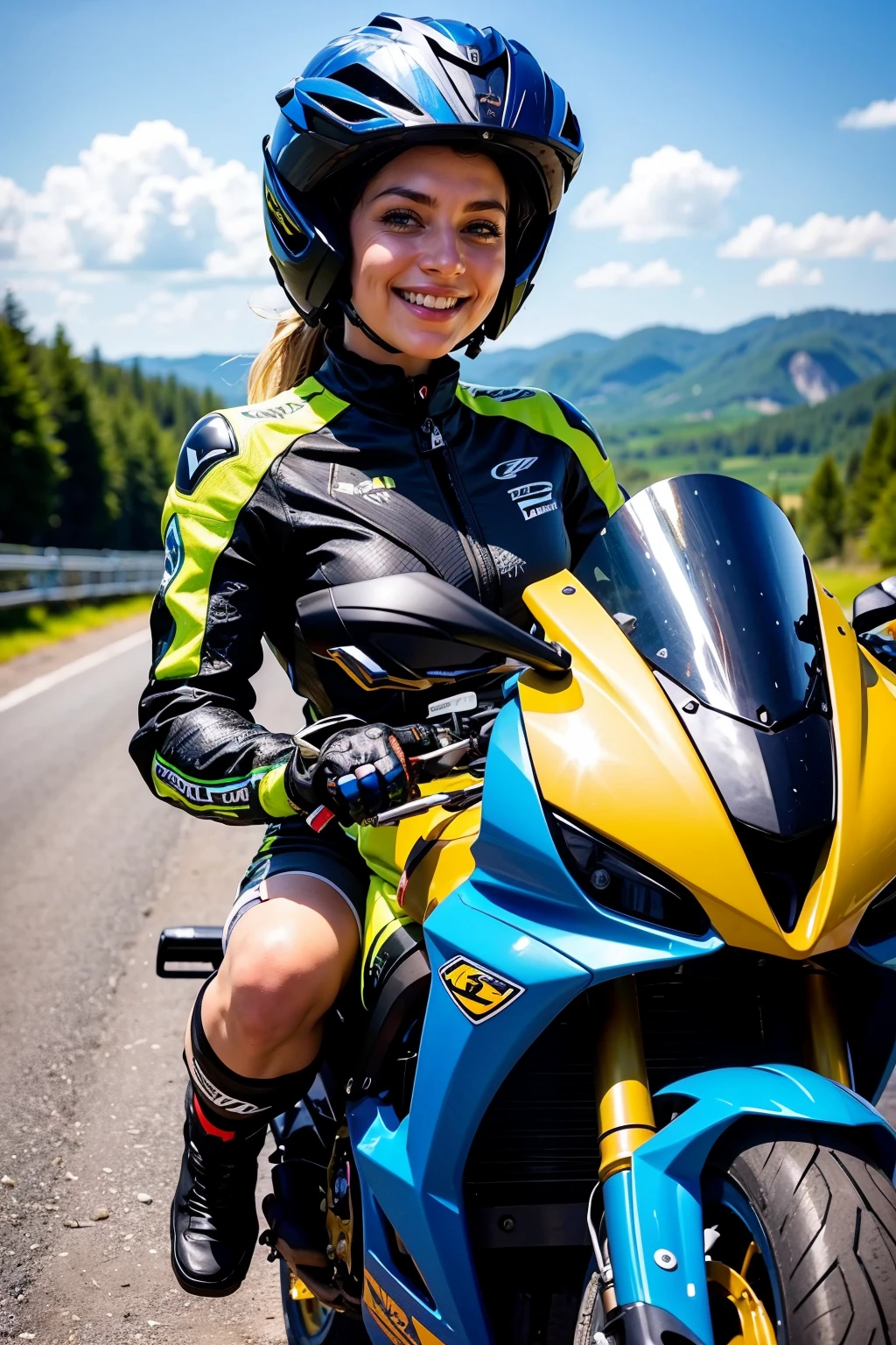 biker, a woman riding a motorbike, smiling <lora:biker:1>
