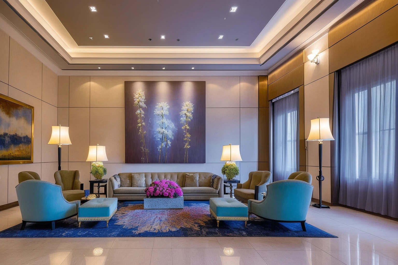 ((best quality)),((masterpiece)),((realistic)), , photorealistic, sky,chair , <lora:JJsLobby:.7>,dslr, RAW photo ,authentic, soft lighting,film grain, Fujifilm XT3 ,
(((lobby))) ,indoor scenery, reflection ,wall ,rug , lamp, flower, vase , chair,ceiling light,, plant, window ,curtain ,television ,couch, modern,