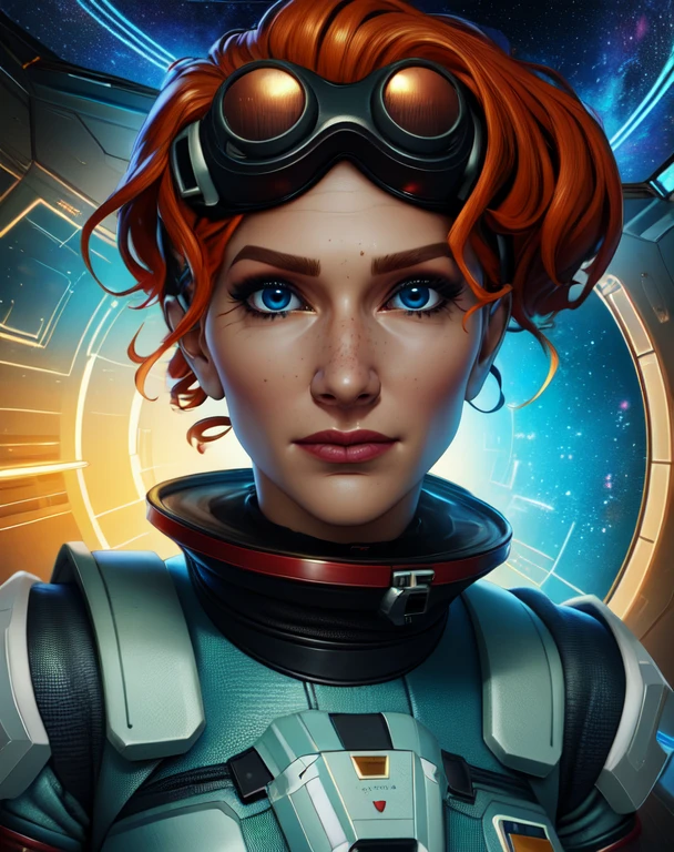 horizon, orange hair, short hair, blue eyes, goggles on head
spacesuit, 
standing,  
spaceship, 
(insanely detailed, beautiful detailed face,beautiful detailed eyes, masterpiece, best quality),solo,   <lora:horizon:0.8>