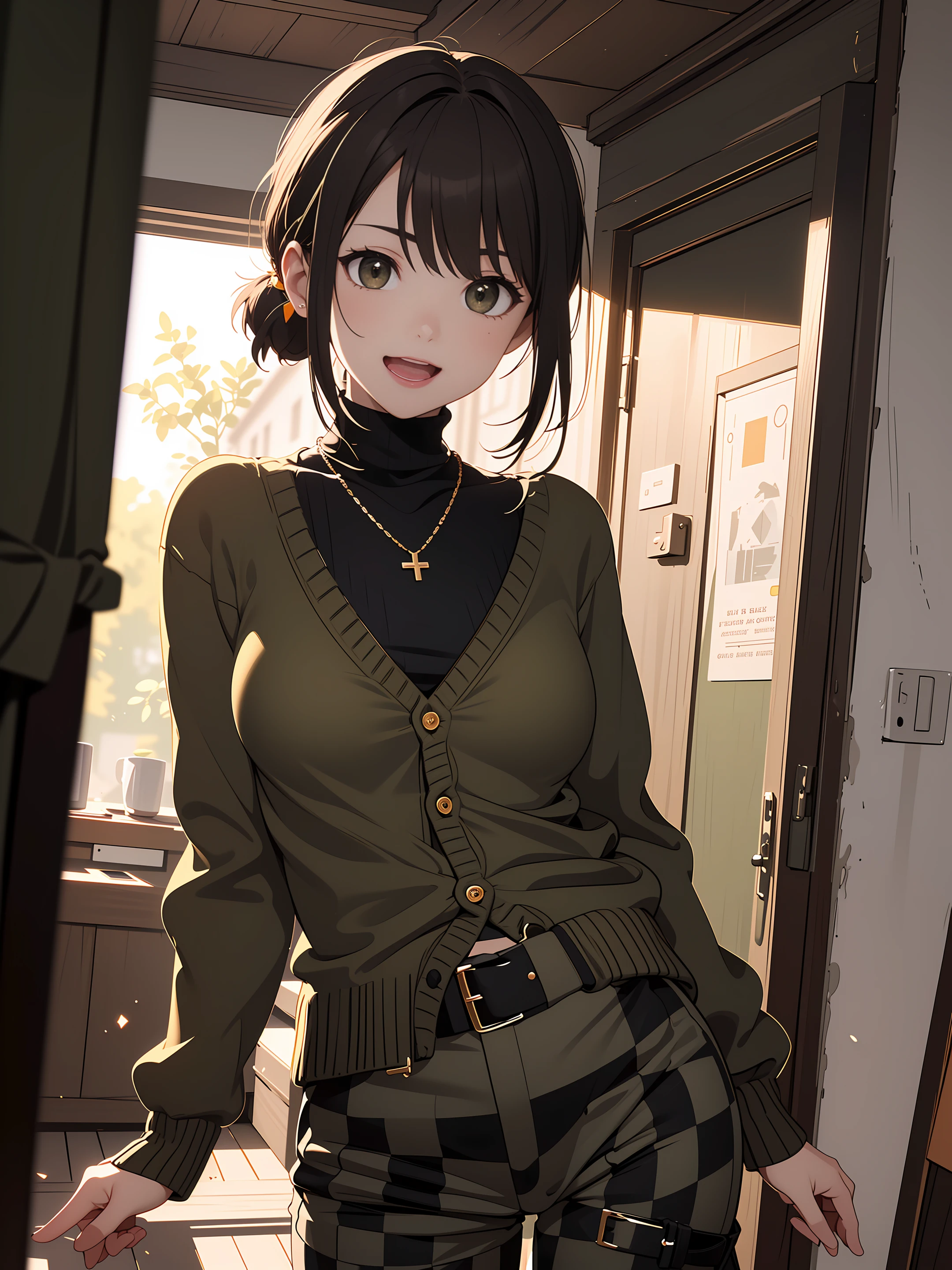 (anime), ((extremely detailed 8k illustration)), highres, (extremely detailed and beautiful background), ultra detailed painting, professional illustrasion, Ultra-precise depiction, Ultra-detailed depiction, (beautiful and aesthetic:1.2), HDR, (depth of field:1.4), colorful, vivid, beautiful detailed glow light particles, <lora:GoodHands-beta2:1>, nice hands, perfect hands, (young girl), (teenage), ((kawaii)), (highly detailed beautiful face and eyes, big breasts, firm breasts), oily skin, ((black hair,black eyes, (bob with short pony tail hair))), thin pubic hair, cute lovely, 14 years old, cheerful disposition, (((high-gauge (tight-fitting:1.1) (black:1.3) turtleneck:1.1), (tuck in:1.3), (orange cardigan:1.2), (checkered (dark olive green) tapered pants:1.3), dark brown belts, gold necklace, (dark brown:1.1) lowfer)), smile, open mouth,