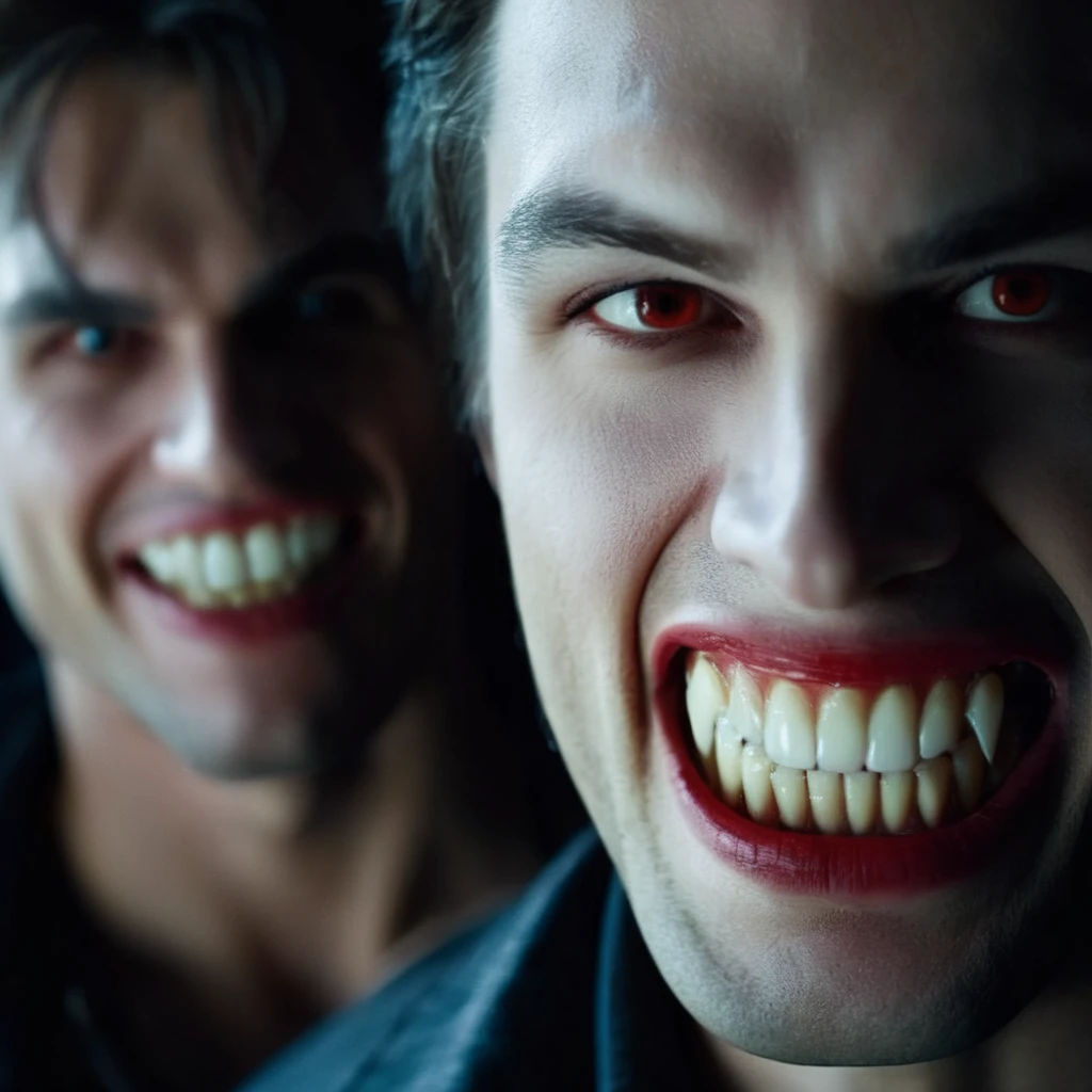 cinematic film still of  <lora:64_vampire fangs teeth:1>
a man with a big grin on his face and vampire's teeth vampire fangs teeth
, shallow depth of field, vignette, highly detailed, high budget, bokeh, cinemascope, moody, epic, gorgeous, film grain, grainy