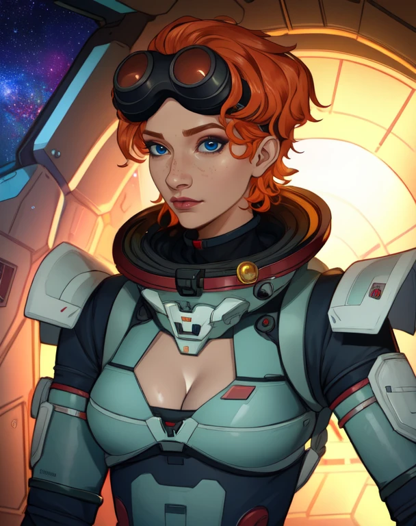 horizon, orange hair, short hair, blue eyes, goggles on head
spacesuit,
standing, upper body, cleavage,
spaceship, indoors,
(insanely detailed, beautiful detailed face,beautiful detailed eyes, masterpiece, best quality),solo, <lora:horizon:0.8>
