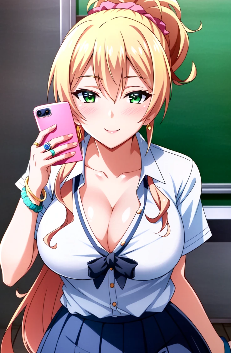 (extremely detailed CG unity 8k wallpaper),(masterpiece),(best quality),(ultra-detailed),(best illustration),(best shadow),(absurdres),(detailed background) <lora:Yukana Yame:0.7> Yukana Yame, 1girl, gyaru, solo, blonde hair, green eyes, breasts, jewelry, kogal, cleavage, phone, cellphone, smartphone, loose socks, ring, skirt, earrings, long hair, smile, blush, socks, ponytail, looking at viewer, school uniform, scrunchie, bracelet, large breasts, shirt