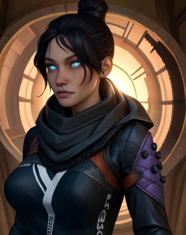 wraith,black hair, single hair bun, blue eyes, looking at viewer,
scarf, nose piercing, white gloves, black shirt, long sleeves,
standing, upper body,
portal \(object\),
(insanely detailed, beautiful detailed face,beautiful detailed eyes, masterpiece, best quality),solo, <lora:wraith:0.8>