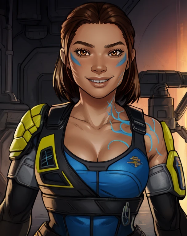 conduit, brown hair, brown eyes, cheek mark, shoulder tattoo,
vest, armor, bare shoulders, light smile,
upper body, standing, cleavage,
science fiction, base,
(insanely detailed, beautiful detailed face,beautiful detailed eyes, masterpiece, best quality),solo, <lora:conduit:0.8>