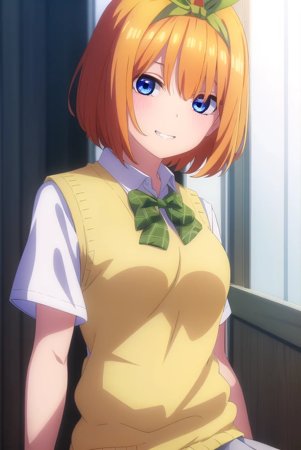 yotsubanakano, <lora:yotsubanakanospecial-lora-nochekaiser:1>,
yotsuba nakano, bangs, short hair, blue eyes, hair between eyes, hair ribbon, hairband, orange hair, (green ribbon:1.5), smile, grin,
BREAK skirt, shirt, bow, ribbon, school uniform, white shirt, short sleeves, pleated skirt, shoes, socks, collared shirt, miniskirt, bowtie, black footwear, kneehighs, green skirt, black socks, loafers, green bow, sweater vest, green ribbon, (yellow sweater vest:1.5),
BREAK indoors, classroom,
BREAK looking at viewer, (cowboy shot:1.5),
BREAK <lyco:GoodHands-beta2:1>, (masterpiece:1.2), best quality, high resolution, unity 8k wallpaper, (illustration:0.8), (beautiful detailed eyes:1.6), extremely detailed face, perfect lighting, extremely detailed CG, (perfect hands, perfect anatomy),