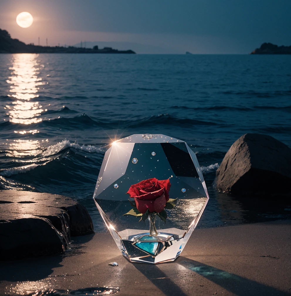 flowers roses, stones transparent and diamond crystal in water, sea, fantasy, moon in night