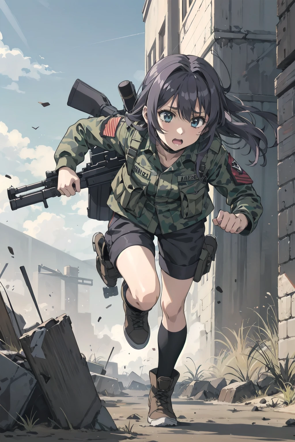anime, 1girl, army, battlefield, running with rifle