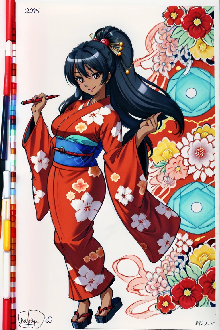 Color manga drawing, from front, full body, PriBlle, smiling, dark skin, curvy, kimono, matsuri, highly detailed, sketchbook page, Copic markers, heavy inks, smiling, cute, sexy <lora:PriBlle:0.9>