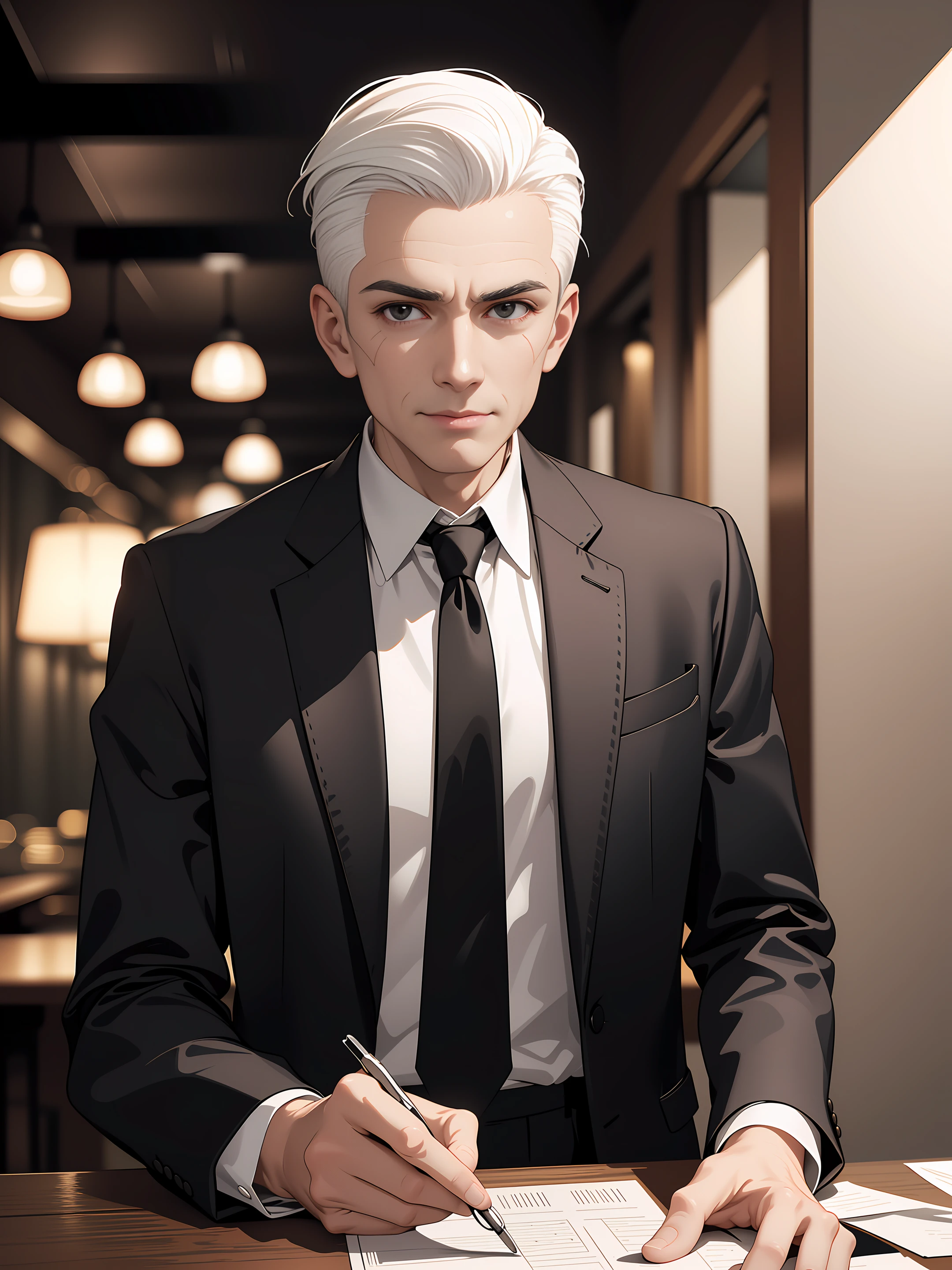 (anime), ((extremely detailed 8k illustration)), highres, (extremely detailed and beautiful background), ultra detailed painting, professional illustrasion, Ultra-precise depiction, Ultra-detailed depiction, (beautiful and aesthetic:1.2), HDR, (depth of field:1.4), colorful, vivid, beautiful detailed glow light particles, intricate:1.4, <lora:GoodHands-beta2:1>,
((old man:0.8)), (tan), (((aged up))), ((black eyes)), ((narrow eyes)), (white hair:1.4), (very short hair), (slicked-back hairstyle:1.4), ((clean shaven face:1.4)), ((wrinkled skin)), ((gentleman)), 70 years old, Fine suit, black necktie, sitting, thinking, smile,
Step into a retro-modern bar with a mix of vintage and contemporary elements. The ambient lighting and stylish decor create a sophisticated yet laid-back atmosphere.,