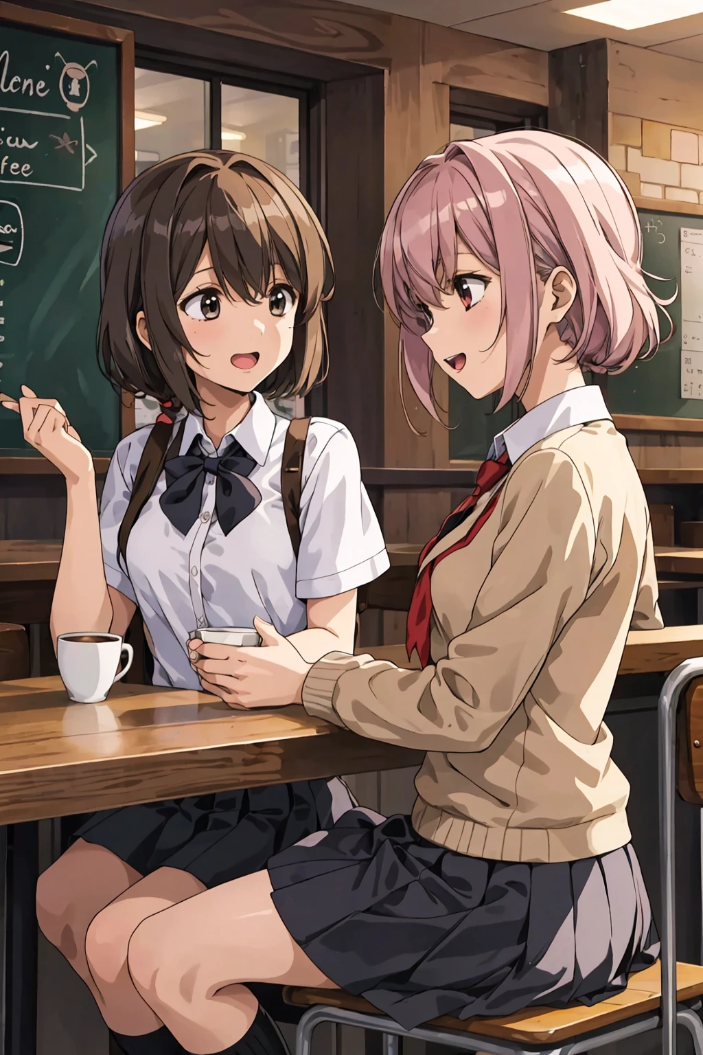 2 girls at coffee shop , school uniform, joyful talking, anime