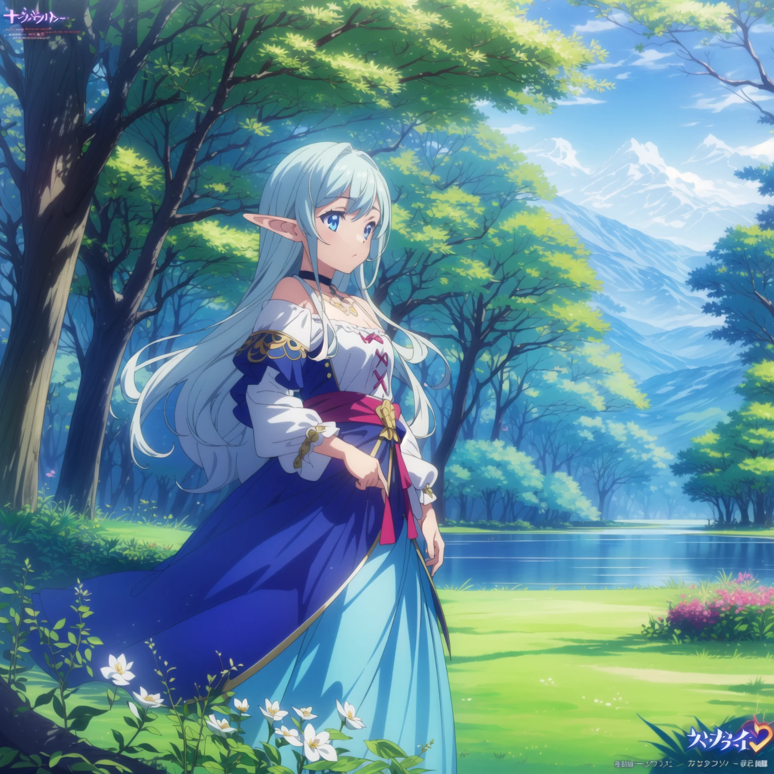 (masterpiece, top quality, best quality, official art, beautiful and aesthetic:1.2), 1girl, elf, adventurer, lakeside, flower field, forest, detailed background