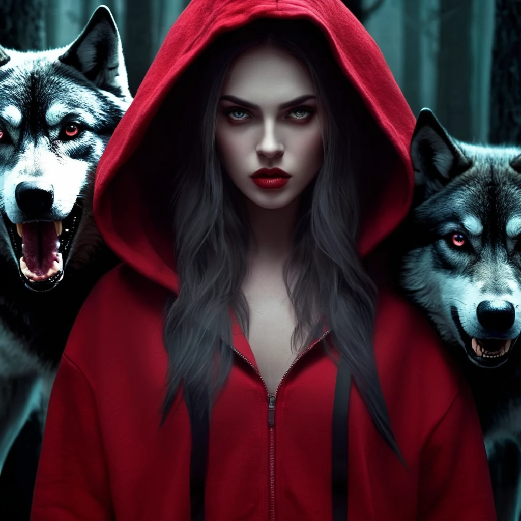 Dark Fantasy Art of <lora:Little Red Riding Hood:1.2> Cinematic Film Scene
Little Red Riding Hood a woman in a red hoodie and three demon wolfs, dark, moody, dark fantasy style