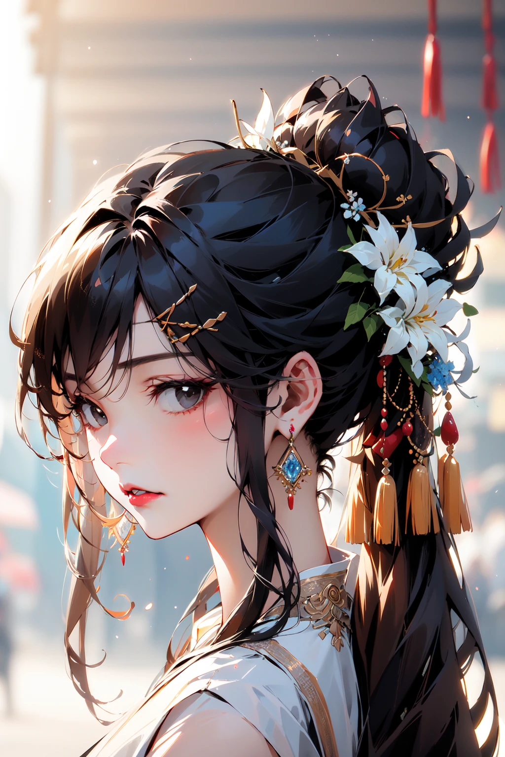 (masterpiece:1.2),best quality,PIXIV,Chinese style,
1girl,hair ornament,solo,jewelry,looking at viewer,flower,earrings,bangs,portrait,hair flower,black hair,white flower,blurry background,long hair,blurry,closed mouth,hairclip,eyelashes,from side,ponytail,red lips,brown hair,makeup,gem,parted lips,black eyes,tassel,lips,chinese clothes,