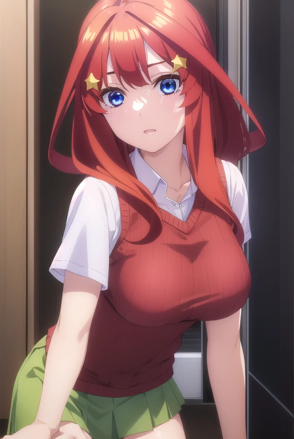 itsukinakano, <lora:itsukinakanospecial-lora-nochekaiser:1>,
itsuki nakano, bangs, blue eyes, hair between eyes, ahoge, red hair, star \(symbol\), hair ornament, star hair ornament,
BREAK skirt, shirt, school uniform, collarbone, white shirt, short sleeves, pleated skirt, socks, collared shirt, miniskirt, kneehighs, white socks, (green skirt:1.5), sweater vest, (red sweater:1.5),
BREAK indoors, classroom,
BREAK looking at viewer, (cowboy shot:1.5),
BREAK <lyco:GoodHands-beta2:1>, (masterpiece:1.2), best quality, high resolution, unity 8k wallpaper, (illustration:0.8), (beautiful detailed eyes:1.6), extremely detailed face, perfect lighting, extremely detailed CG, (perfect hands, perfect anatomy),