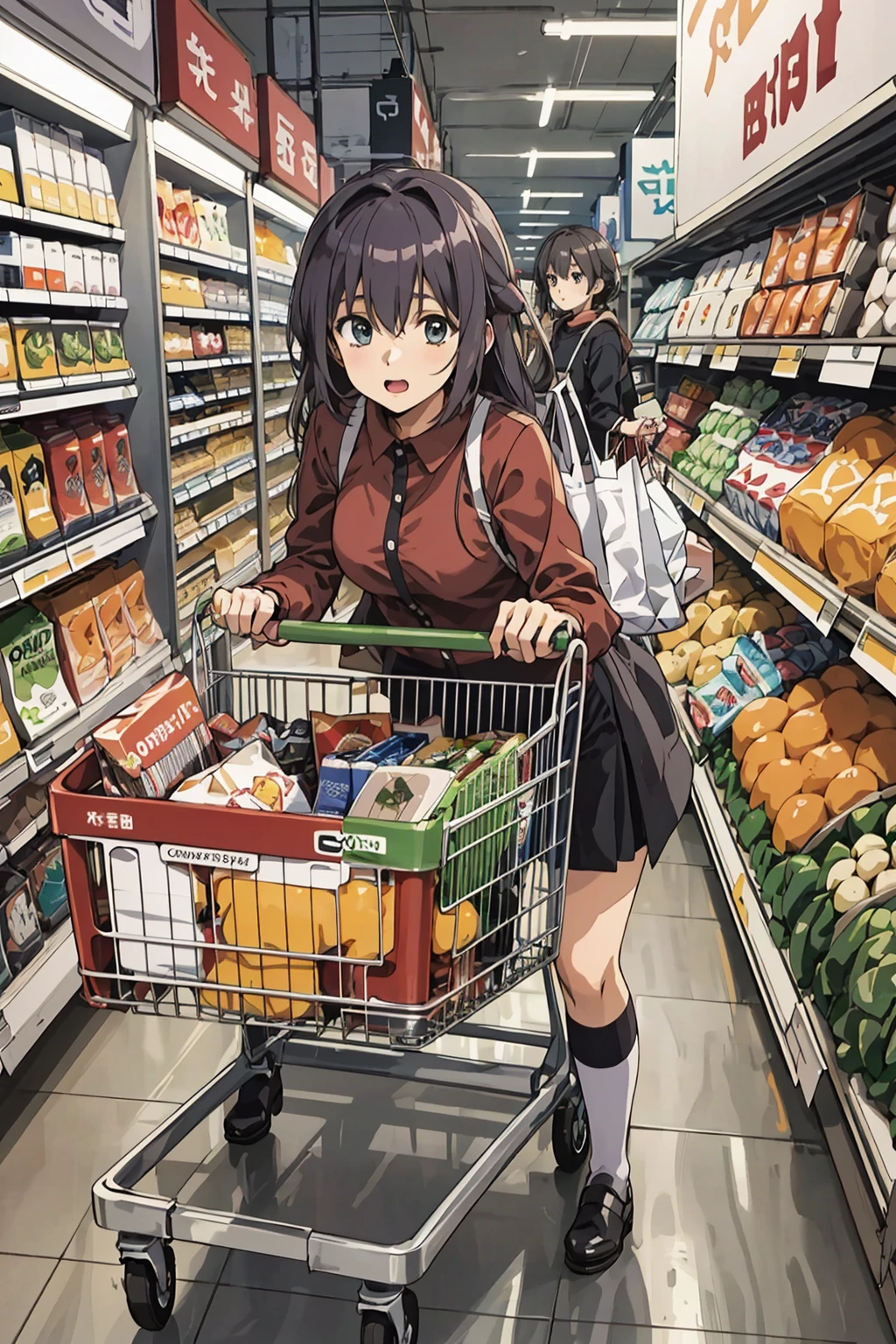 anime, 1girl, London, shopping at super market, hold a large shopping kart, full of groceries