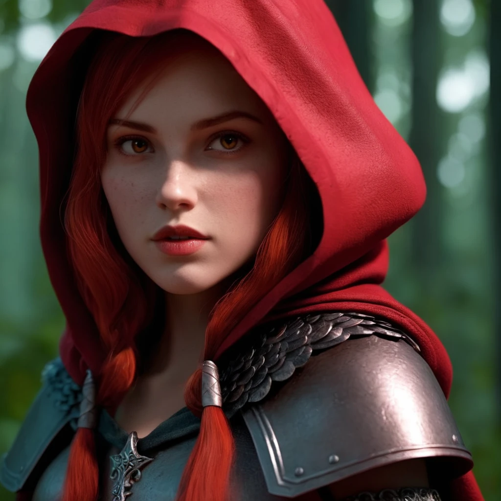 professional 3d model of <lora:Little Red Riding Hood:1.2> Cinematic Film Scene
Little Red Riding Hood a woman with red hair and red armor on with face full of scars, octane render, highly detailed, volumetric, dramatic lighting