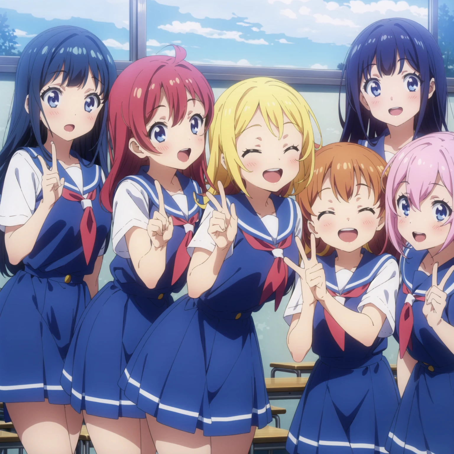 6+ girls, school uniform, friends, super happy smiling, open mouth, closed eyes, in classroom, group shot, zoom camera, peace sign