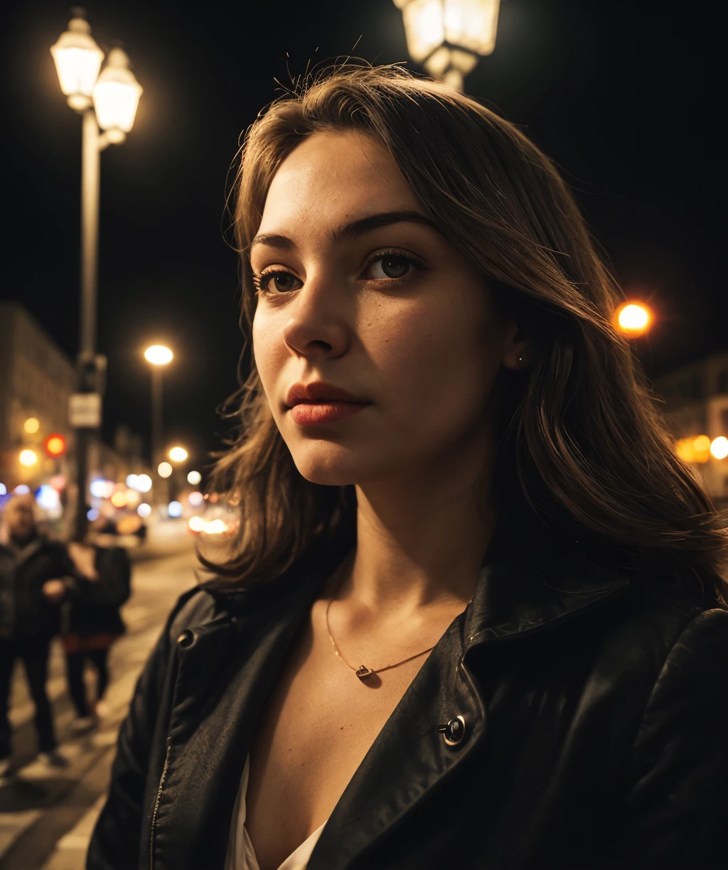 closeup of a woman, city street, nighttime, streetlight, asphalt