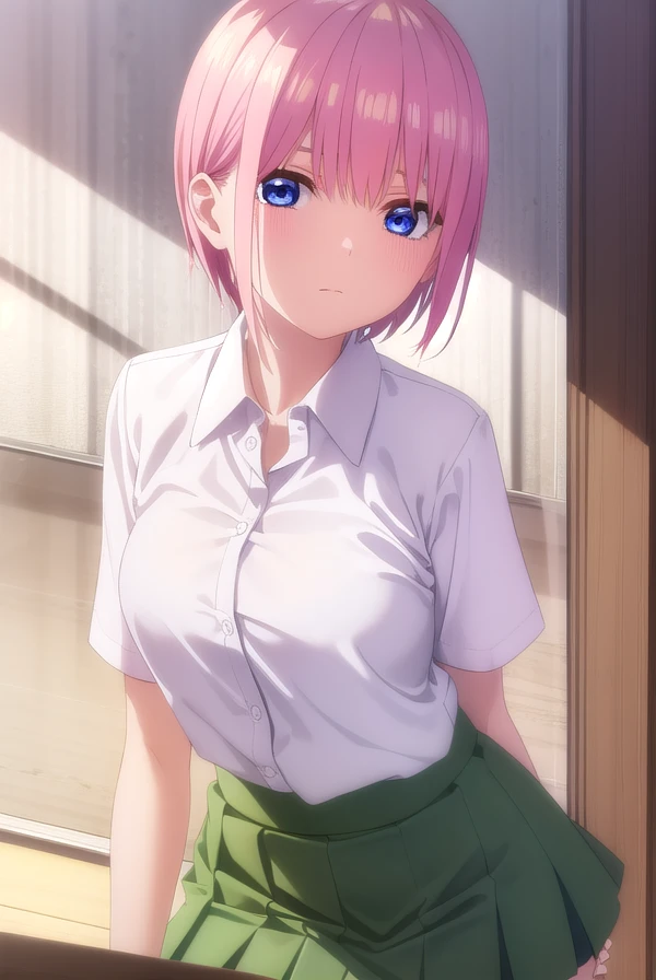 ichikanakano, <lora:ichikanakanospecial-lora-nochekaiser:1>, 
ichika nakano, short hair, bangs, blue eyes, hair between eyes, pink hair,
BREAK skirt, shirt, school uniform, white shirt, short sleeves, pleated skirt, shoes, socks, collared shirt, black footwear, sweater, white socks, (green skirt:1.5), loafers, clothes around waist,
BREAK indoors, classroom,
BREAK looking at viewer, (cowboy shot:1.5),
BREAK <lyco:GoodHands-beta2:1>, (masterpiece:1.2), best quality, high resolution, unity 8k wallpaper, (illustration:0.8), (beautiful detailed eyes:1.6), extremely detailed face, perfect lighting, extremely detailed CG, (perfect hands, perfect anatomy),