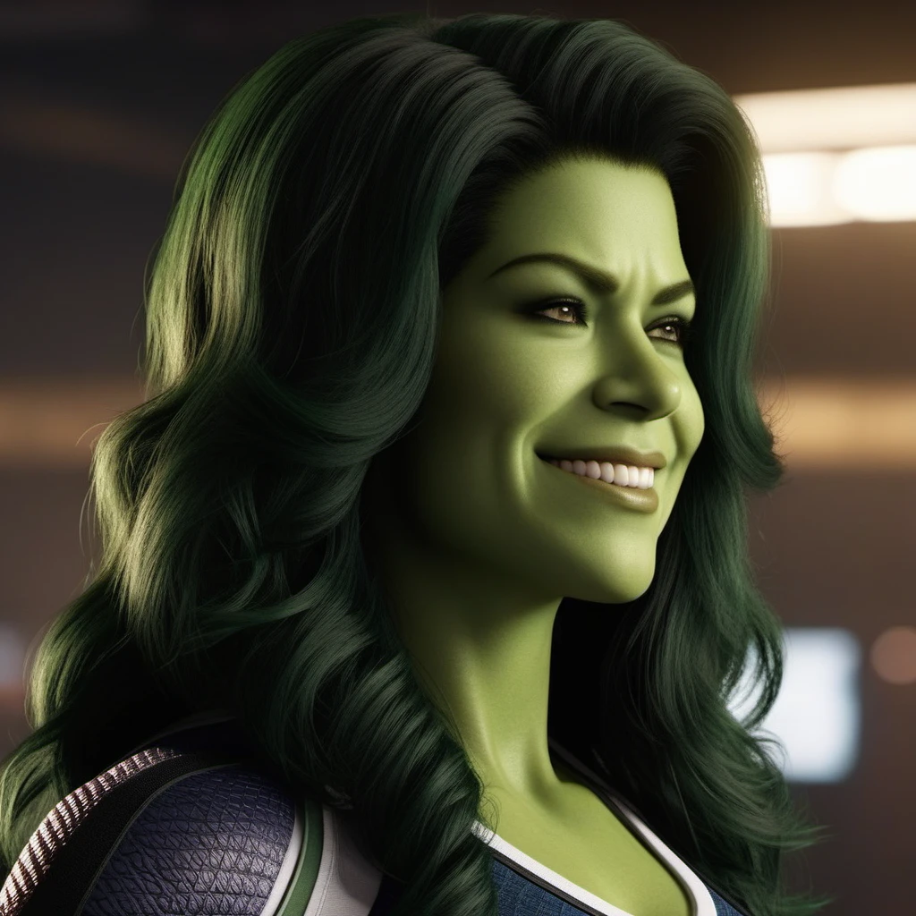 SheHulk1024, sideview close up portrait, profile, happy, smile, cute, highly detailed , ultra sharp, photograph, film, bokeh, professional, 4k, highly detailed   <lora:add-detail-xl:1.5>  <lora:SheHulk1024:0.5>