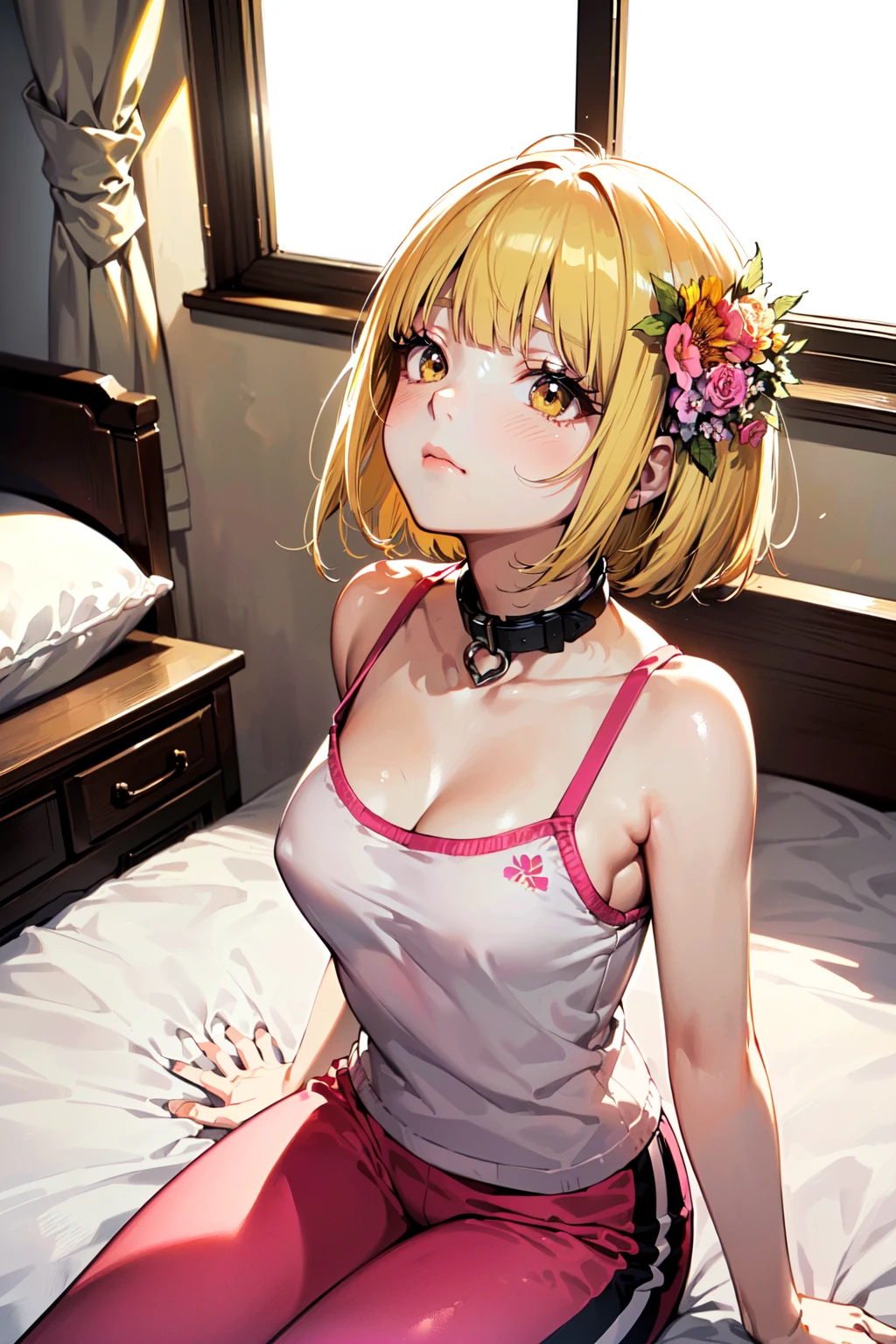 (best quality, masterpiece:1.1),   close up, dynamic angle,    looking up, (1female), sad face, yellow hair, asymmetrical bangs, blunt bangs,        silver Camisole, hot pink Tracksuit Pants, collar, ( (flowers are scattered on the bed:1.2), window),