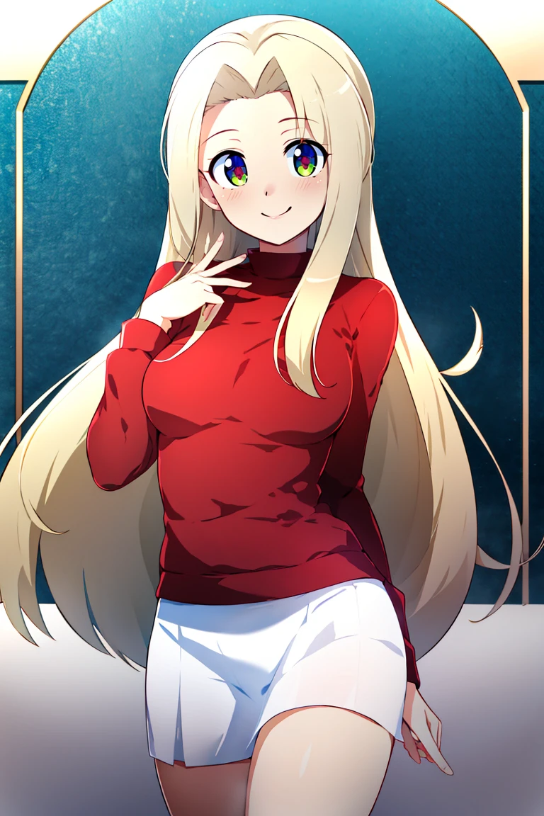 <lora:Konpeto_Style_Dim32:0.8>, , ((masterpiece,best quality)), absurdres, <lora:Irisviel_von_Einzbern_Combined:0.7>, Irisviel_von_Einzbern, red shirt, white skirt, solo, smiling, looking at viewer, cowboy shot, ,