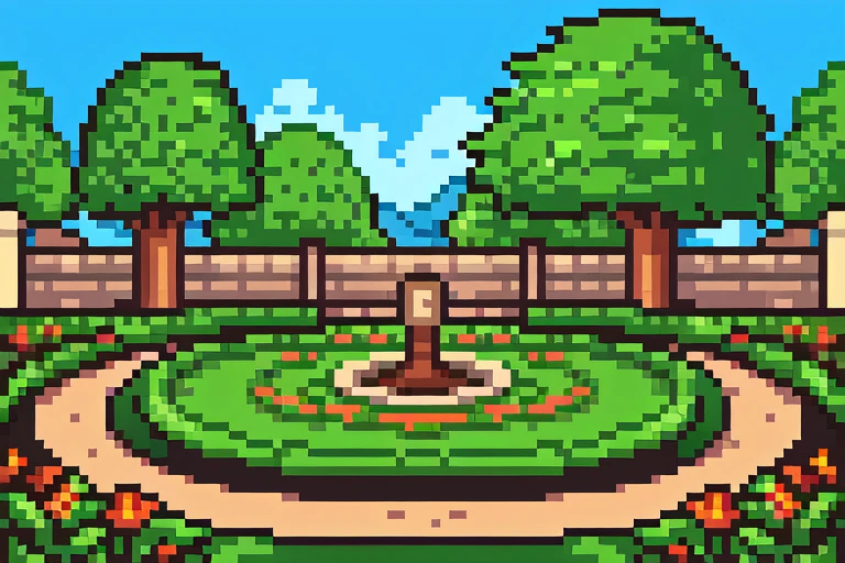 garden background, blue sky, scenery pixel art