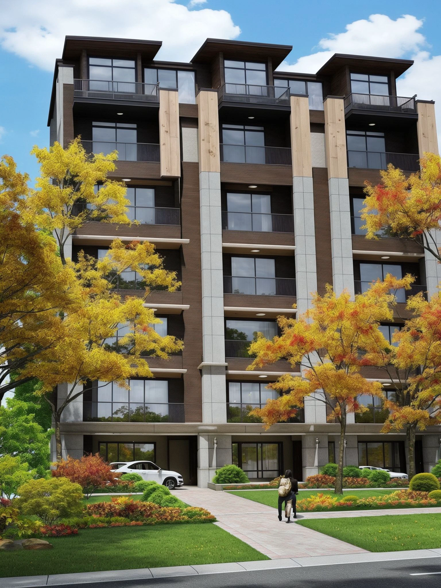 <lora:JJsRowHouse:.7>,((best quality)),((masterpiece)),((realistic)), , photorealistic, ((Rowhouse)), car, motor vehicle, outdoors, sky, ground vehicle, scenery, building, city, road, cloud, crosswalk, real world location, lamppost, tree, street, cityscape ,cloud , sidewalk, wood ,bush ,flower ,autumn leaves,