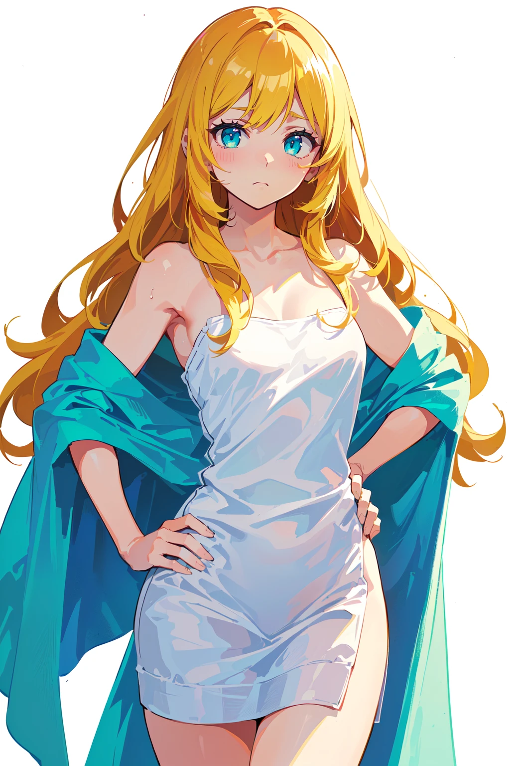 (best quality, masterpiece:1.1), <lora:Better light:0.5>, upper body, looking at viewer, standing, standing straight, (both hand on hip), (1female), (solo:0.8), shoujo, delicate tiny breasts, sad face, applying makeup, cyan eye, yellow hair, long hair, wavy hair, only body towel, thick towel, (white background:1.3),