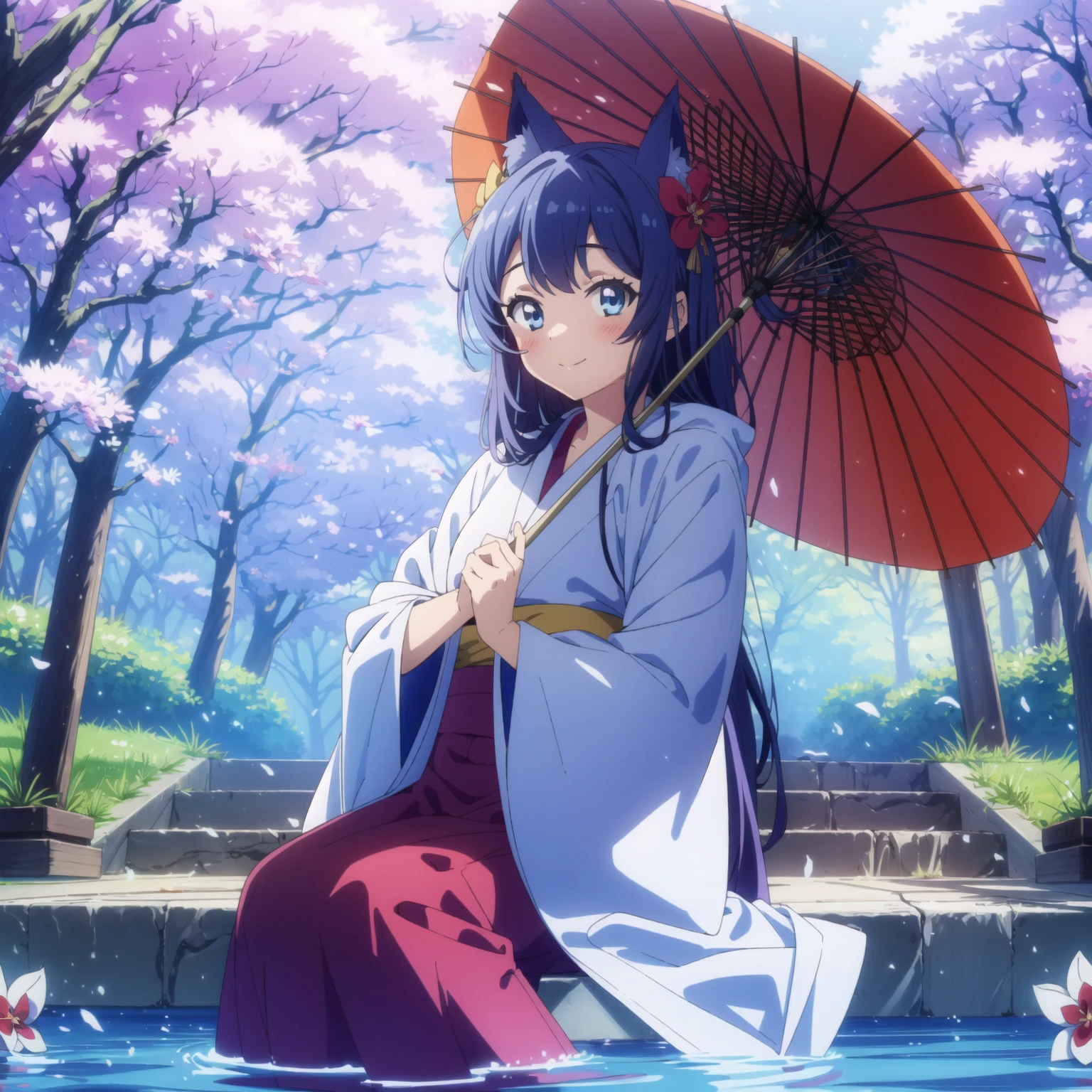 (best quality),(masterpiece),(ultra detailed),(highres),production art,1girl, oil-paper umbrella, umbrella, japanese clothes, kimono, uchikake, torii, fox, veil, long hair, solo, blue eyes, flower, outdoors, holding, stairs, sitting, looking at viewer, wataboushi, bangs, holding umbrella, water, multiple torii, sunlight, long sleeves, wide sleeves, animal, blush, hair ornament, hood, smile, bride, closed mouth, day, white kimono, cat, red umbrella,