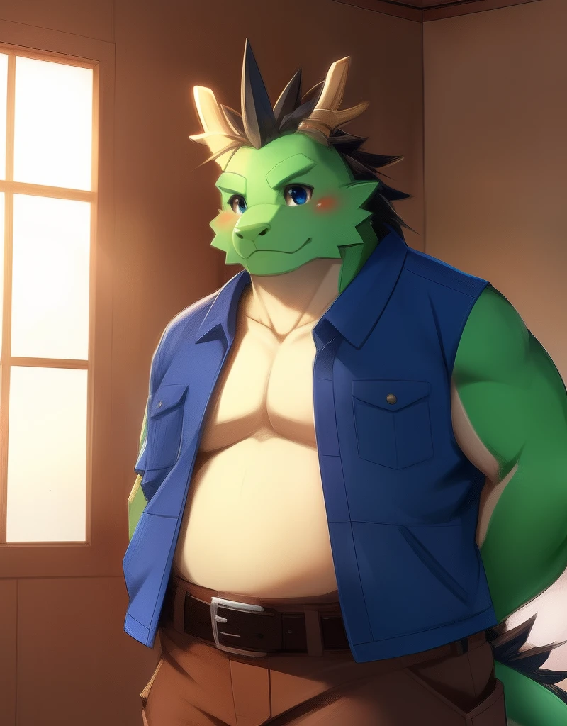 (((detailed eyes, detailed face))), (bara, tatsuki <lora:character_tatsuki_findigo_v2:0.9>, spiked hair, antlers), male, (plump, fat, chubby, overweight), (blue jacket, brown pants, belt), standing, arms behind back, smile BREAK (konzaburou, ukan_muri, cute), bedroom, (soft shading), 8k, UHD, masterpiece