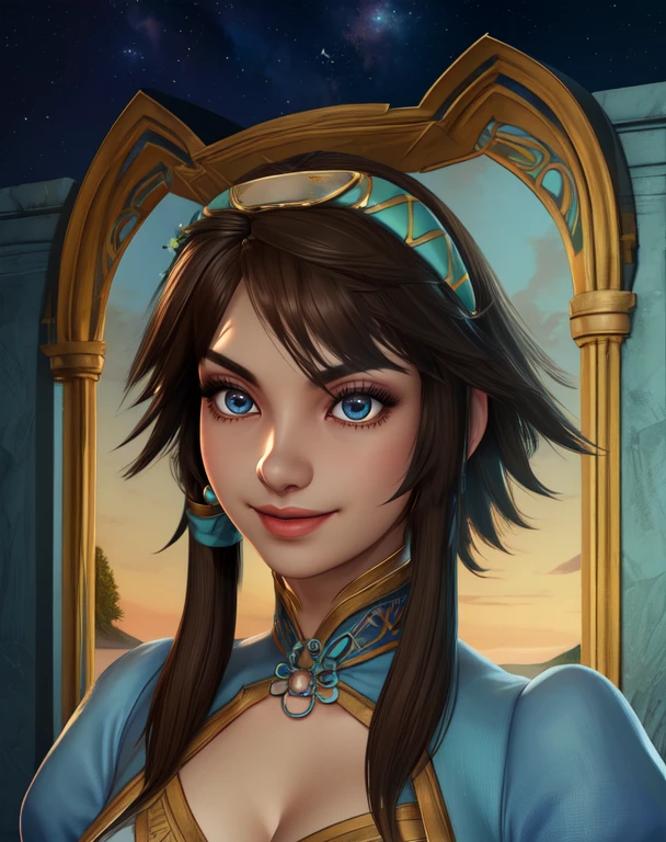 xianghua,brown eyes, short hair with long locks,
smiling, standing, upper body,
short blue dress , cleavage cutout ,hairband, detached sleeves, jewelry, puffy sleeves,
lake, stars, labyrinth,
(insanely detailed, beautiful detailed face,beautiful detailed eyes, masterpiece, best quality),solo, <lora:xianghua-10-SC6:0.8>