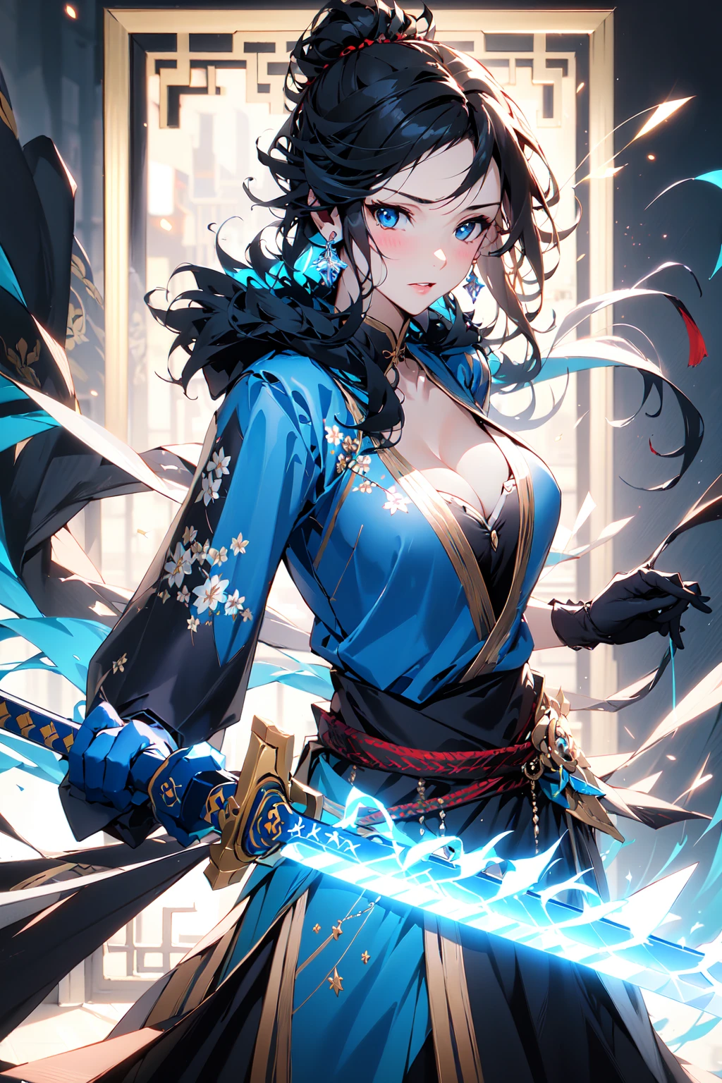 (masterpiece:1.2),best quality,Chinese style,
1girl,breasts,weapon,sword,solo,blue eyes,cleavage,holding sword,black hair,holding weapon,holding,katana,sheath,single hair bun,unsheathing,jewelry,hair bun,earrings,gloves,blue gloves,fur trim,holding sheath,closed mouth,large breasts,blush,fighting stance,medium breasts,long hair,from side,bangs,