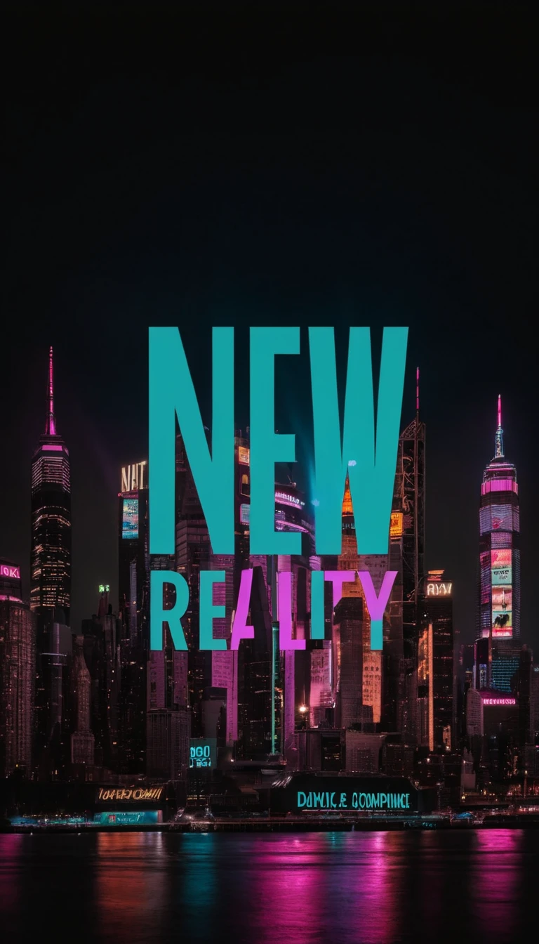 A photo of a (futuristic playbill:1.3), "NEW REALITY" in (striking bold letters:1.2), (central dominance:1.3), cyberpunk movie advertisement, neon glow, urban skyline silhouette, (high-contrast typography:1.1), (slick, metallic textures:1.1), digital dystopia vibe, cinematic allure, deep saturation, Nikon Z 9, 1/1250s, f/4, ISO 100, high-resolution imagery, visual storytelling, printed anticipation, professional grade.
